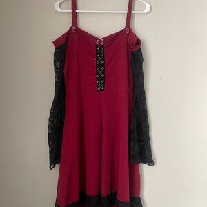 Burgundy Lace-Sleeve Corset-Style Dress
